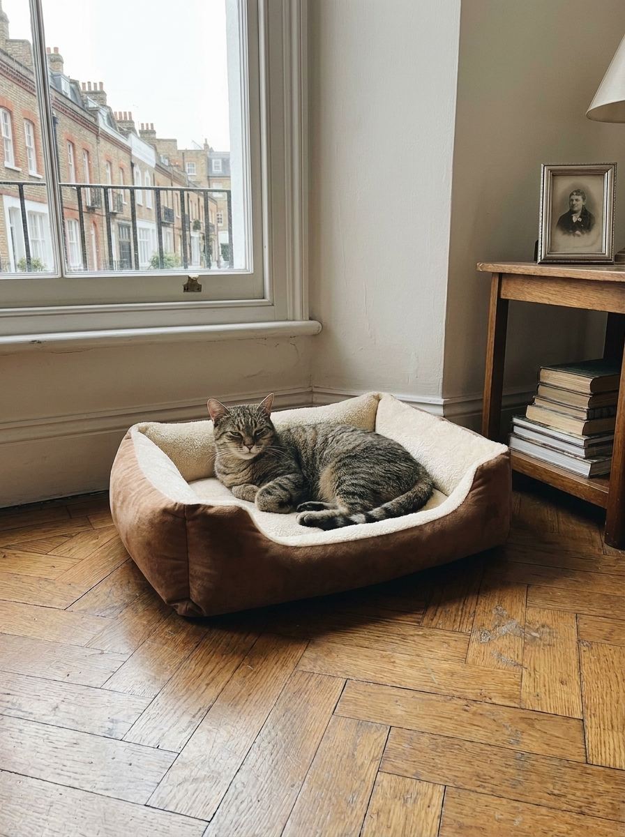 Jennie's cat curled in bed
